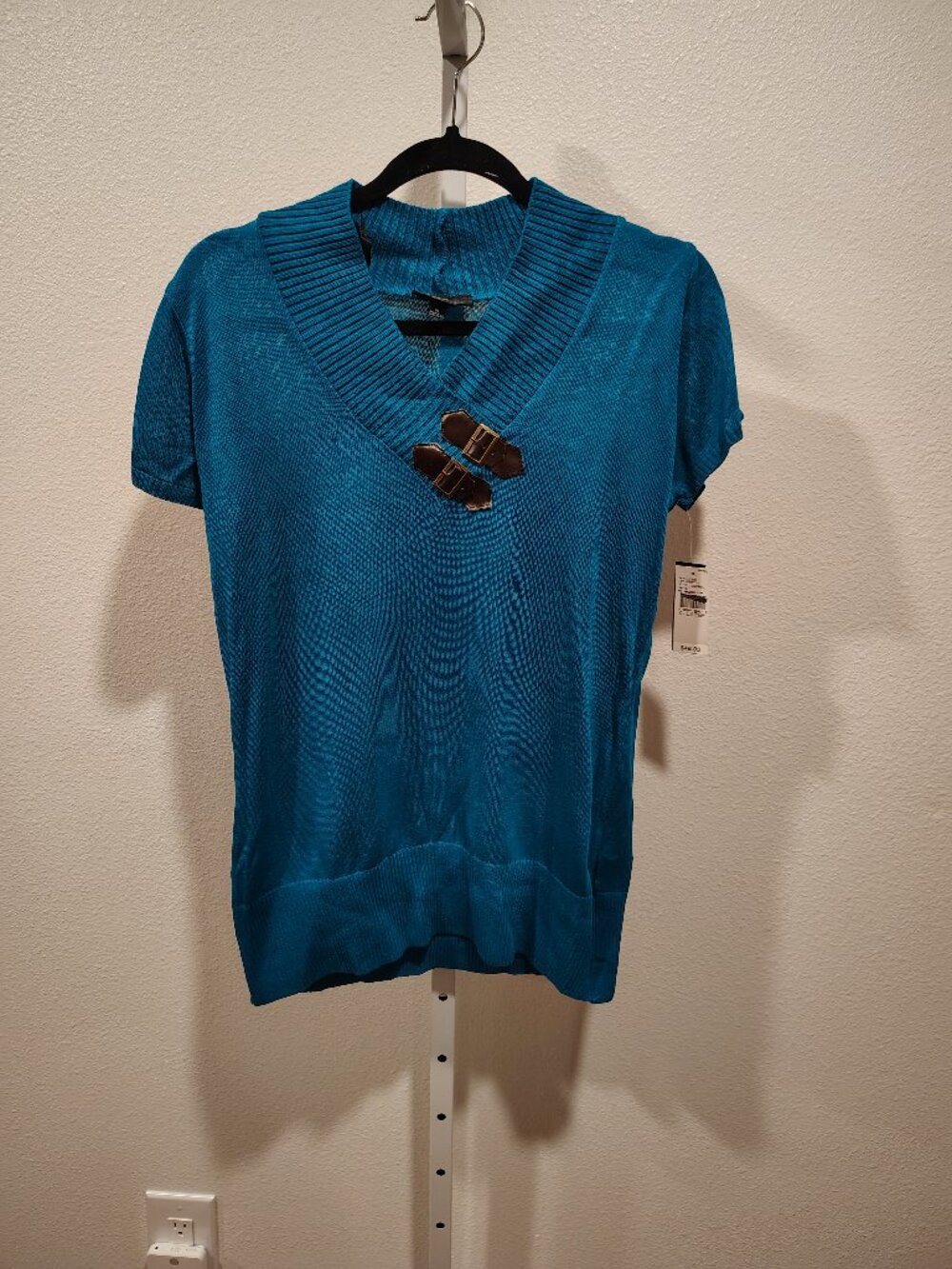 IZ Byer Junior's Sweater Short Sleeve Size XL Teal NWT Y2K Ribbed V-Neck